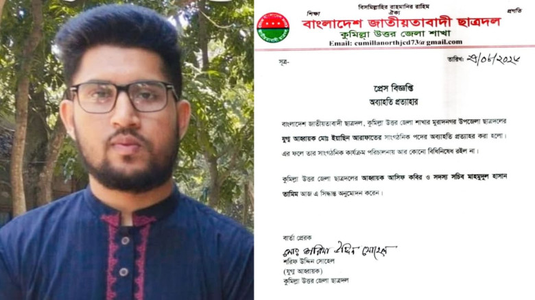 স্বপদে ফিরলেন মুরাদনগর উপজেলা ছাত্রদলের যুগ্ম আহবায়ক ইয়াছিন